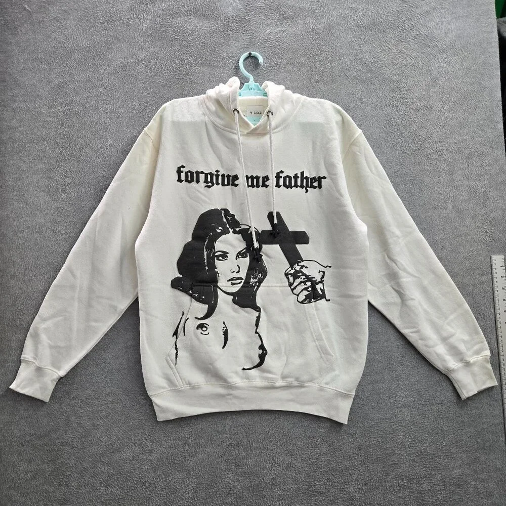 Subliminal Men Hoodie M White Graphic‎ Print Forgive Me Father Woman Portrait
